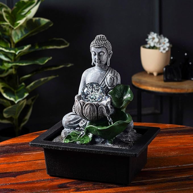 Buddha’S Lotus Tabletop Indoor Fountain for Home Decor Spiritual Decor for Home Office & Meditation Spaces (Height: 28 Cm) Black with Free Type-A Adapter - Bloomnest