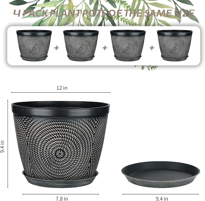 Quarut 12 Inch 4 Pack Large Plant Pots, Plastic Flower Pot for Indoor & Outdoor with Drainage Holes & Saucer, Circle Pattern Planters Garden Pots for Herbs - Bloomnest