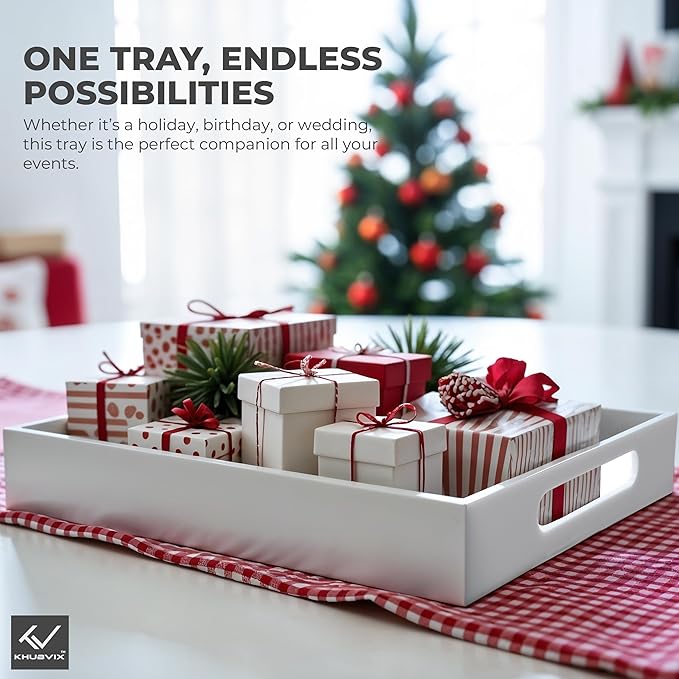 White Tray 20×12" with Cut Handles - Spill Proof Decorative Tray is an Ideal Countertop Organizer for Living Rooms, Ottoman Coffee Tables, Offices, Kitchens & Serving Guests - Bloomnest