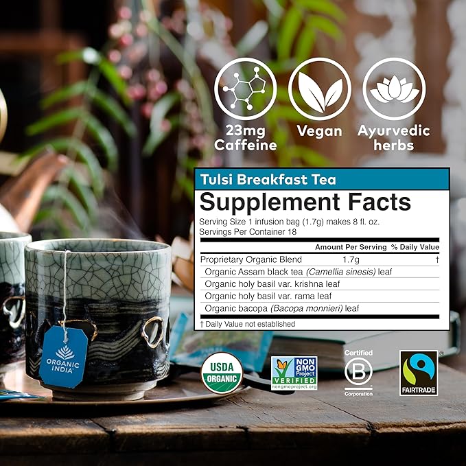 ORGANIC INDIA Tulsi Breakfast Herbal Tea - Black Tea, Holy Basil, Relieve Stress & Energize, Immune Support, Adaptogen - Vegan, USDA Certified Organic, Non-GMO, Caffeinated - 18 Infusion Bags, 6 Pack - Bloomnest