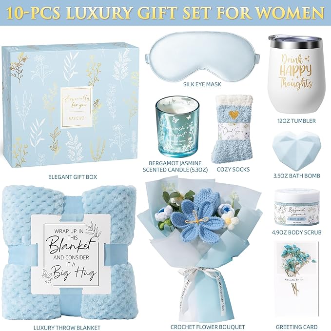 Valentine's Day Birthday Gifts for Women Self Care Package Get Well Soon Gift Baskets, Thinking of You Sympathy Spa Gift Set w/ Crochet Flower Bouquet, Unique Gifts for Women Her Wife Girlfriend Mom