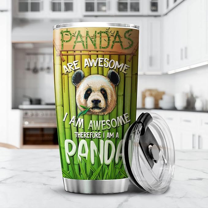 Pandas Are Awesome I Am Awesome Therefore I Am A Panda Drinking Tumbler With Lid Panda Bear Gifts For Girls Stainless Steel Insulated Travel Mug Animal Print Coffee Cup 20oz - Bloomnest