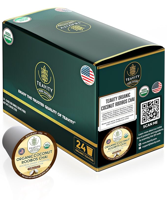 Coconut Rooibos Chai Tea Pods for Keurig - Organic Ginger Tea, Rooibos, Cinnamon, Cardamom, Coconut & Chai by Teavity (24 Tea Pods) - Bloomnest