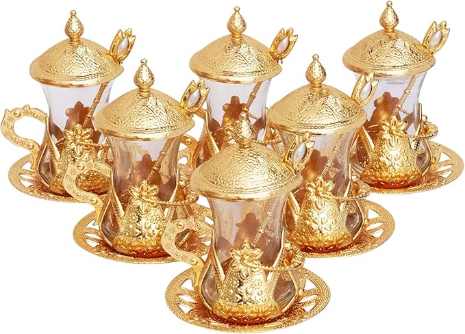 Alisveristime Handmade Turkish Tea Glass Set - Traditional Turkish Motifs, Set of 6 with Lids and Bonus Tea Spoons (Gold)