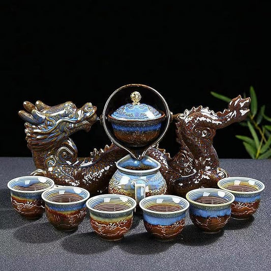 Chinese Gongfu Tea Set Gift Box, Chinese Dragon Shape, Pure Hand Firing, with 360Rotating Teapot and Infuser, Suitable for Office, Home, Gift (Dragon Feast)