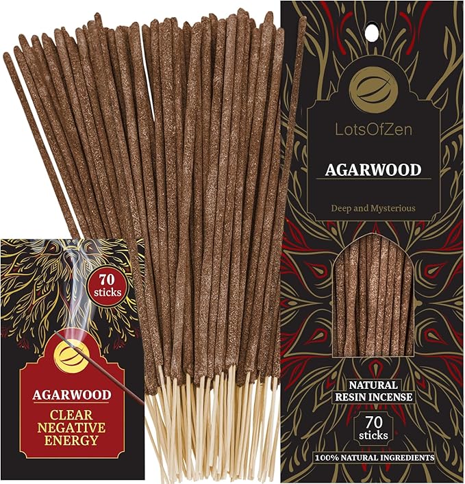 Agarwood Incense Sticks 70 Count – Natural Oud Wood Incense – Long-Burning – Arabic Oudh for Meditation and Relaxation Inspired by Traditional Bakhoor LotsOfZen