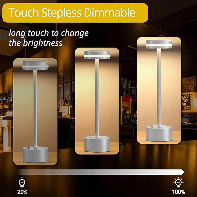 Cordless Table Lamp, Portable Rechargeable Bedside Lamp, Touch Stepless Dimmable Desk Lamp, for Home Bedroom Hotel Restaurant Bar Outdoor, 2 Set, Silver - Bloomnest