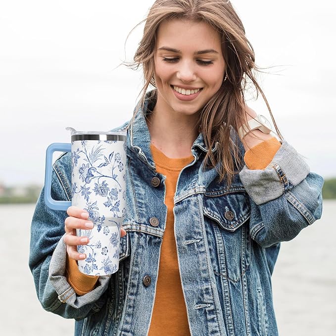 Ceovfoi 40 Oz Boho Flower Tumbler With Handle, Boho Floral Coffee Travel Mug Cup Water Bottle, Floral Gifts for Women - Bloomnest
