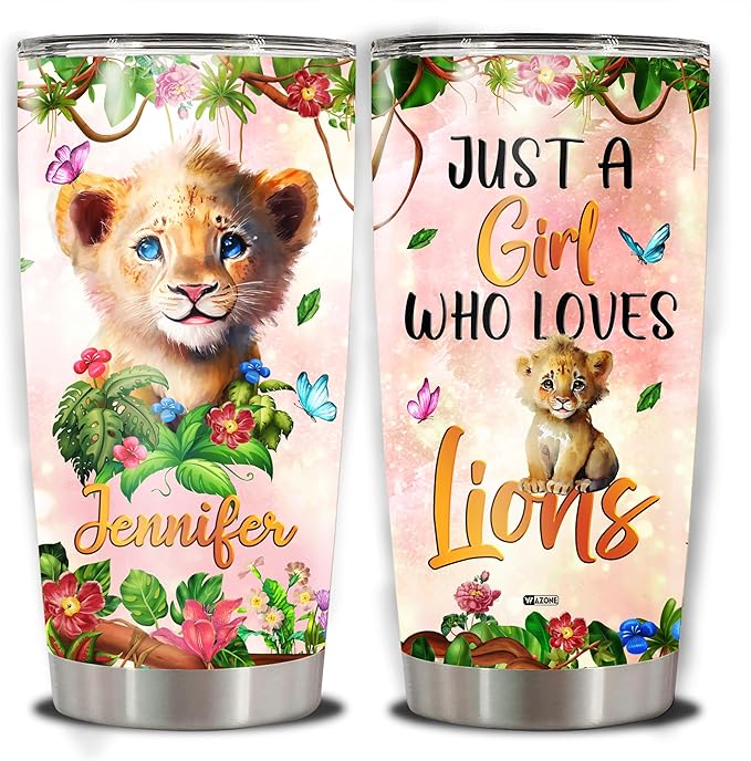 WAZONE Personalized Lion Tumbler Customized Name Just A Girl Who Loves Lions Flowers Cute Animal Print Travel Mug 20 30 oz Vacuum Insulated Stainless Steel Coffee Cup With Lid Gift For Women - Bloomnest
