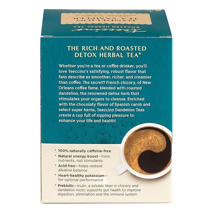 Teeccino Dandelion Tea Sampler - Caramel Nut, Coconut, Dark Roast, Mocha Mint, Red Chai, Turmeric - Roasted Herbal Tea, Caffeine Free & Prebiotic with Detoxifying Dandelion - 12 Tea Bags - Bloomnest