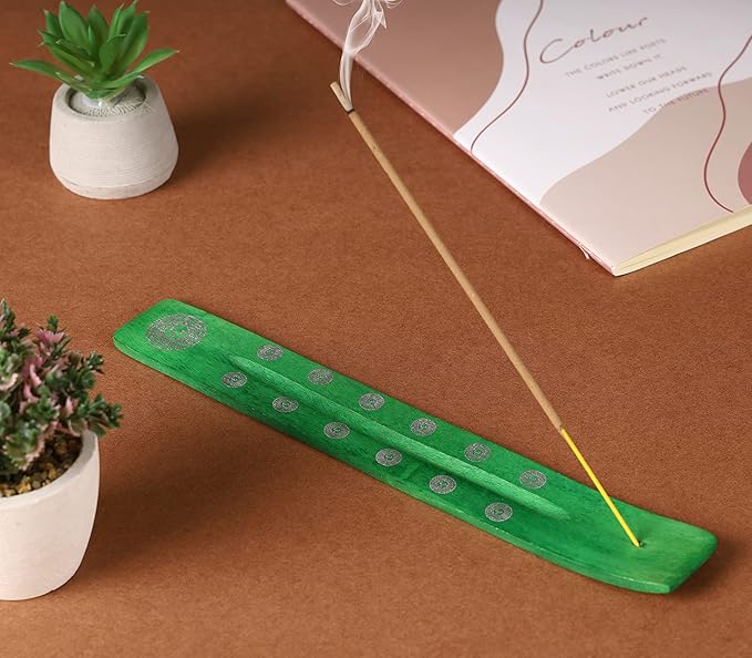 Bless-International Traditional-Handmade-Burner Wooden-Incense-Stick-Holder Ash-Catcher-Stand for-Aromatherapy-Meditation-Yoga (Earth Green) 10 Inches, Pack of 1 - Bloomnest