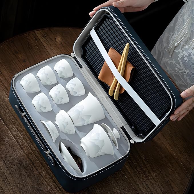 ICHAG Chinese Tea Set, Gongfu Tea Sets for Adults, China Gaiwan Teaset, 14-Piece Yangzhi Jade (茶具) Porcelain Set with Suspended Gaiwan & Tea Pet, Portable Travel Teaset for Home, Outdoor, Office Gifts - Bloomnest