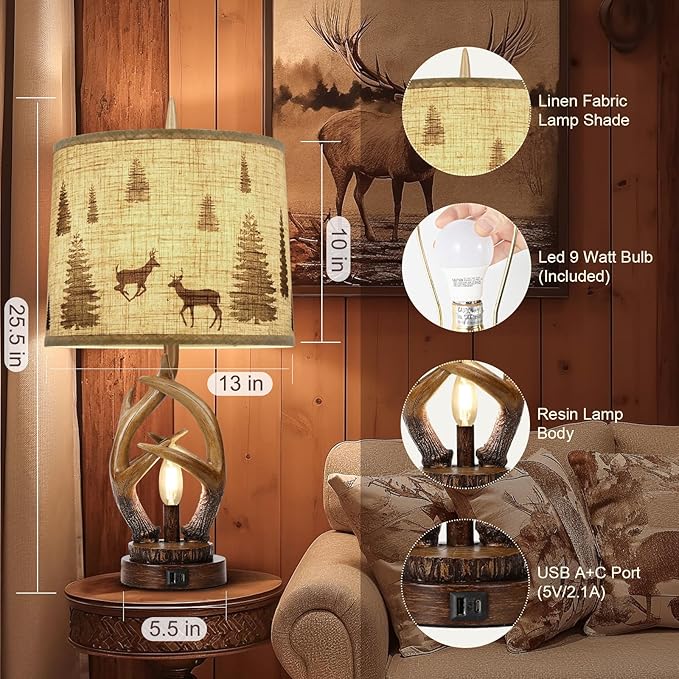 Scenekoy Rustic Farmhouse Antlers Table Lamp Set of 2 with Nightlight Dual USB Ports Linen Fabric Round Shade Bedside Lamp Decor for Living Room Bedroom Office House - Bloomnest