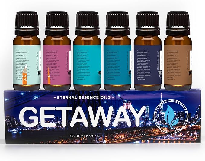 Get Away Gift Set of 6 Premium Grade Fragrance Oils - Island Hop, Ocean Breeze, Tropical Passion Fruit, Aspen Winter, Instant Vacation, Sun & Sand - 10Ml - Scented Oils - Bloomnest