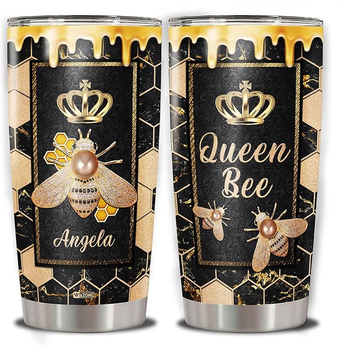 WAZONE Personalized Queen Bee Tumbler Cup With Lid 20oz 30oz Custom Name Double Wall Vacuum Stainless Steel Travel Coffee Mug Novelty Jewelry Style Insulated Birthday Gift For Girls Women - Bloomnest