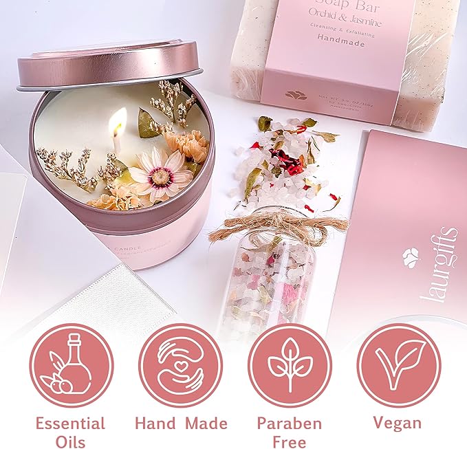 Birthday Gifts for Women – Luxury Candle Set & Bath Sets Spa Basket, Small Orchid & Jasmine Self Care Box, Valentine’s Basket for Her, Romantic Birthday Box for Mom, Wife or Friend - Bloomnest