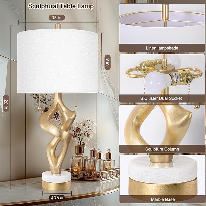 Scenekoy Sculptural Table Lamp Set of 2 with USB Ports for Bedroom Living Room, 26” Gold Leaf Marble Base Bedside Lamps, Pull Chains Switch Modern Nightstand Lamp for Home Room Decor (Bulbs Included) - Bloomnest