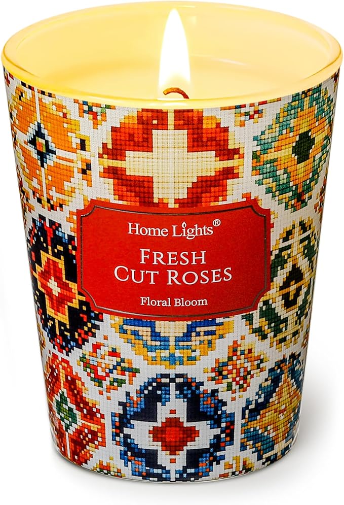 HomeLights Large jar Candle | 1-Wick Long-Lasting Scented Candles, 6.7oz Natural Soy Wax Candle for Home Scented, Bohemian Natural Textures Gifts for Women & Men, Fresh Cut Roses - Bloomnest
