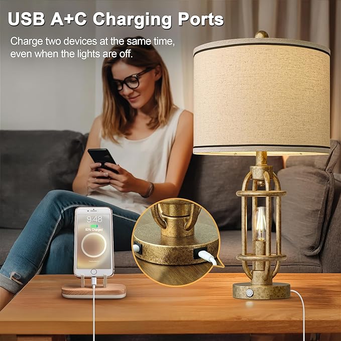 23.75'' Table Lamps Set of 2 for Living Room Bedroom Industrial Farmhouse Metal Touch Lamps with USB A+C Ports, Night Light Vintage Nightstand Bedside Lamp, Bulbs Included, Champagne Gold - Bloomnest