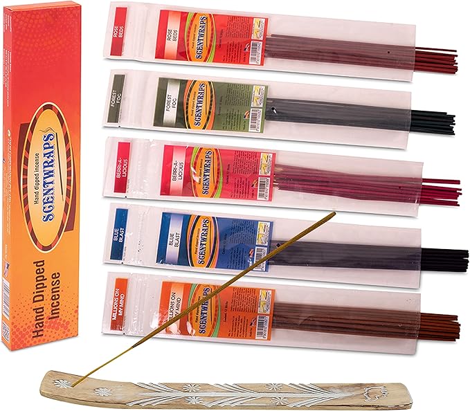 Hem Incense Sticks Variety Pack Set of 5 Packs (12 Stick x 5 Pack,60 Sticks), Hem Scentwrap 11 inches Natural Hand Dipped Insenses with Raajsee Incense Holder Bundle, Free from Chemicals Non Toxic