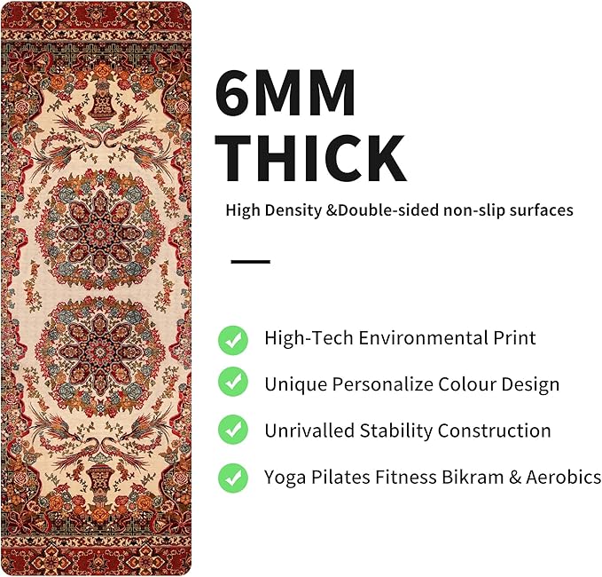 nuveti Yoga Mat Print Extra Thick TPE Non Slip Fitness Exercise Mat with Carrying Bag,72"x24" Extra Thick 6MM Exercise & Workout Mat for Yoga, Pilates Fitness and Floor Exercises - Bloomnest