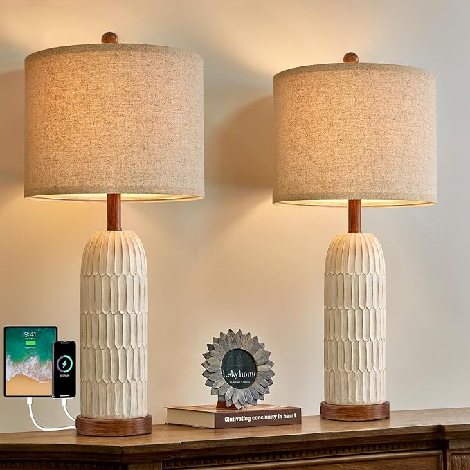OYEARS 26.5" Table Lamps Set of 2 with USB A+C Charging Ports for Bedroom Living Room Farmhouse Bedside End Lamps Rustic Nightstand Lamps, Brown - Bloomnest