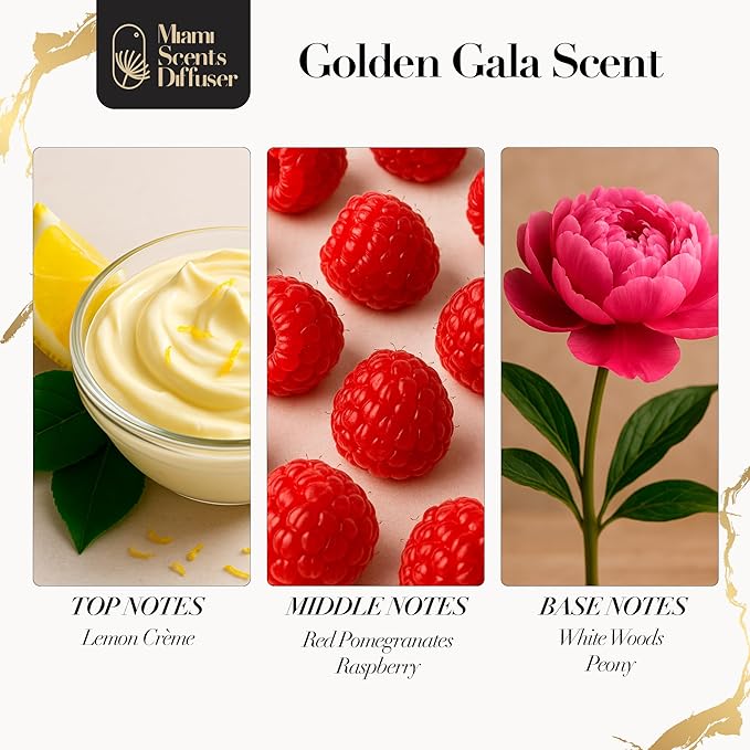 Golden Gala Scent Inspired by Aria Hotel 4 Fl Oz - 120 ml Essential Oils Aroma for Home Office Diffuser Luxury Fragance Refill - Aromatherapy Fresh Natural Blend of White Wood, Pomegrante and Peony. - Bloomnest