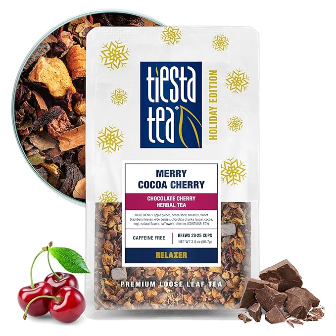 Tiesta Tea Merry Cocoa Cherry Premium Loose Leaf Tea, Chocolate Cherry Herbal Blend, Caffeine Free, Hot or Iced, Brew Up to 25 Cups, Holiday Edition, Gift, Resealable Bulk Pouch, 2 Ounce - Bloomnest