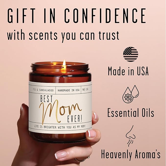Mothers Day Gifts for Mom, Mom Gifts From Daughter or Son - 'Best Mom Ever' Soy Candle, w/Fig & Sandalwood I Mom Birthday Gifts from Son Ideas I 50Hr Burn, USA Made - Bloomnest