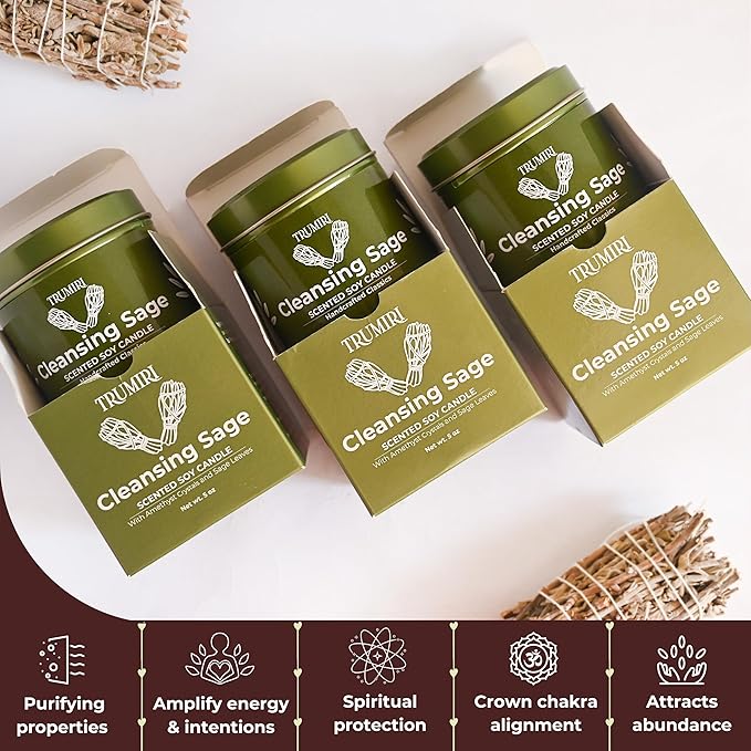 Sage Candle for Cleansing House Negative Energy - Pack of 3 x 5oz Soy Wax Natural Clean Organic Non Toxic - Aromatherapy Spiritual Meditation Gifts - Long Lasting Highly Scented Candel with Crystals TRUMIRI