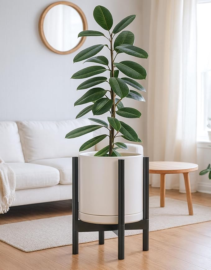 D'vine Dev Ceramic Planter with Ebony Stand - 12 Inch Modern Round Flower Pot with Wood Planter Holder, Oatmeal, 55-B-H-8 - Bloomnest