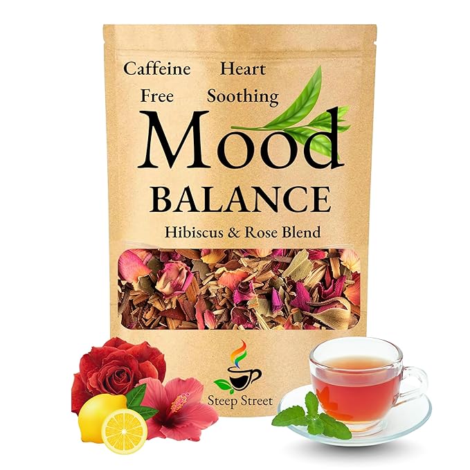 Hibiscus Rose Balance Mood Herbal Tea Infused with Adaptogens – Hibiscus, Rooibos, Rose Hips, Beetroot & Lemon Balm Blend | Calm Heart & Inner Balance | Caffeine-Free 2.8oz Pouch - Bloomnest