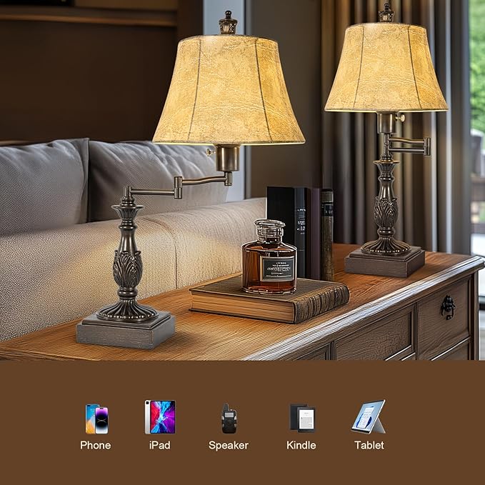 23.5" Rustic Traditional 350° Adjustable Swing Arm Table Lamp Set of 2 with USB A+C Ports Brown Finish Faux Leather Shade Vintage Nightstand lamp for Living Room Bedroom Office (Bulb Included)