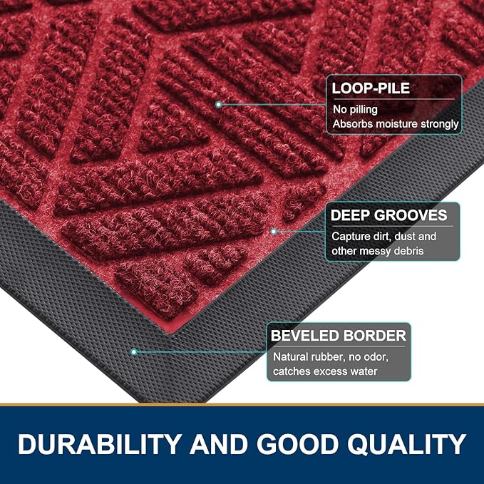 Smiry Front Door Mat Outside Entrance, Heavy Duty Sturdy Natural Rubber Doormat, Trap Dirt and Moisture, Easy Clean Low Profile Mats for Indoor Outdoor Entry, Grid Geometric (29.5x17, Wine Red) - Bloomnest