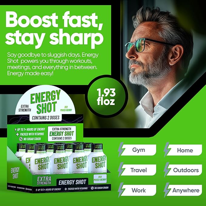 B12 Mixed Berry Extra Strength Energy Shot 12 pk – 260mg Natural Caffeine B12 B6 – Energy & Vitality Support – 2 Servings Sugar Free Zero Calorie Green Tea B-Vitamins Electrolytes Vegan – 1.93 fl oz - Bloomnest