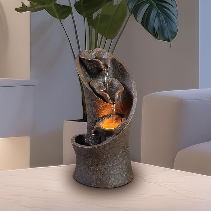 Kalona Tabletop Waterfall Fountain, 3-Tier Indoor Water Fountain for Home Office Decor, Relaxing LED Fountains with Artistic Stone-Look Design for Meditation (23005) - Bloomnest