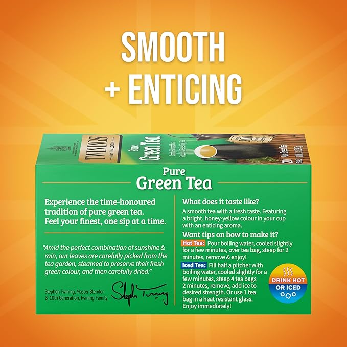 Twinings Pure Green Tea Individually Wrapped Bags, 20 Count (Pack of 6), Smooth Flavour, Enticing Aroma, Caffeinated, Enjoy Hot or Iced, 120 Teabags - Bloomnest