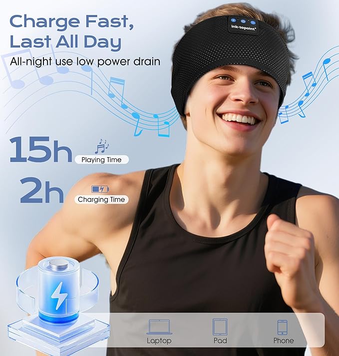 ink-topoint Sleep Headphones Bluetooth 5.4 Headband, 2 in 1 Sleep Mask with Bluetooth Headphones, Wireless Headband Earphones with Ultra-Thin HD Stereo Speaker, Music Headband for Workout Running Yoga - Bloomnest