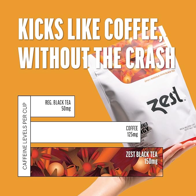Zest Energy Black Tea - Spicy Masala Chai Loose Leaf Blend - High Caffeine Cardamom Ginger Tea with Cinnamon - Caffeinated Coffee Altnernative - Natural, Non-GMO & Keto - 50 Servings - 150mg Caf - Bloomnest