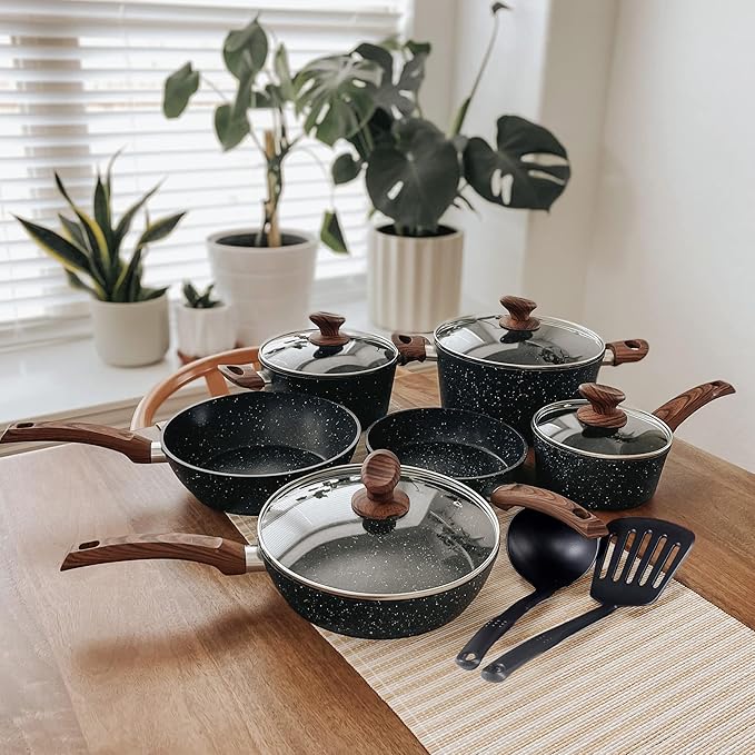 MAISON ARTS Pots and Pans Set Non Stick, 12 Piece Black Granite Kitchen Cookware Induction Compatible, Pot and Pan Sets for Cooking Nonstick - Bloomnest