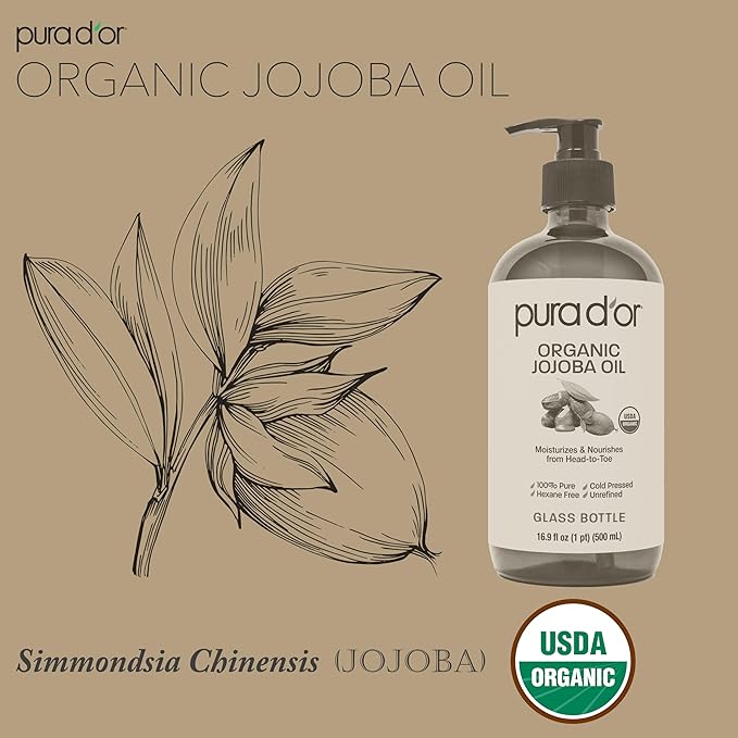 PURA D'OR 16.9 Oz Organic Jojoba Oil (GLASS BOTTLE) USDA Certified - 100% Pure & Natural Moisturizer - Cold Pressed, Unrefined, Hexane Free Base Carrier Oil For DIY Skin Care, Hair, Face & Nails - Bloomnest