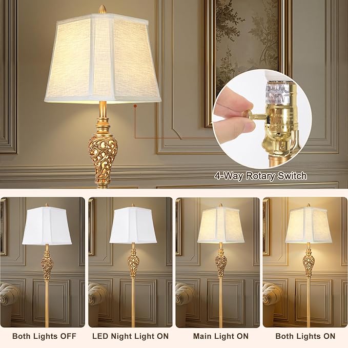 Vintage Farmhouse Floor Lamp with Nightlight, 65" Tall Standing Lamp with White Linen Fabric Shade, Antique Gold Finish, Elegant Reading Corner Light for Living Room, Bedroom, Office (Bulb Included) - Bloomnest
