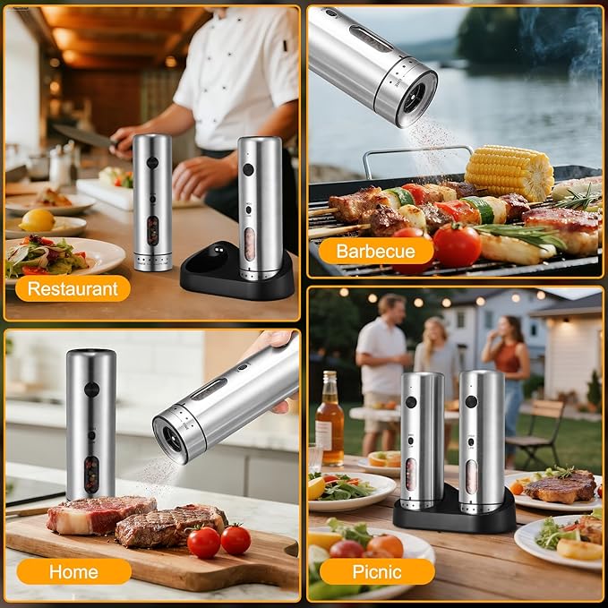 Electric Salt Grinder Set with Rechargeable Base Stainless Steel Grinders with Variable Grinding Speed, External Adjustable Coarseness and White LED Light, Silver - Bloomnest