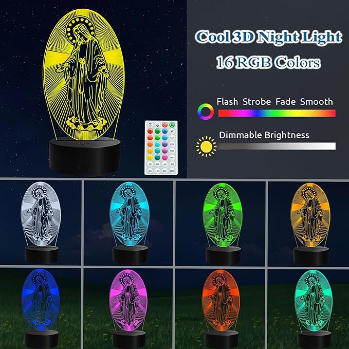 Virgin Mary Night Light, Virgin Mary Gifts, 3D Illusion Lamp with Remote Control, 16 RGB Colors, 4 Flashing Modes, Timer, Dimmable, Kids Catholic Gifts Room Decoration for Holiday Birthday Christmas - Bloomnest