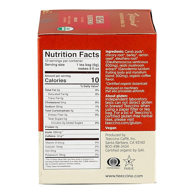 Teeccino Reishi Eleuthero Tea - French Roast - Organic Mushroom Adaptogenic Herbal Tea, 3x More Herbs than Regular Tea Bags, Caffeine Free, Chicory Prebiotic - 10 Tea Bags - Bloomnest