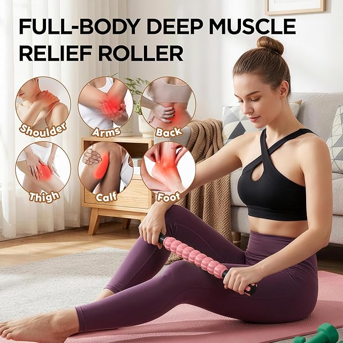 Muscle Roller & Massage Roller Stick for Athletes - Lymphatic Drainage Support, Relieves Muscle Soreness, Cramping & Tightness - Targets Legs, Arms, Back & Calves （Pink - 18inch）