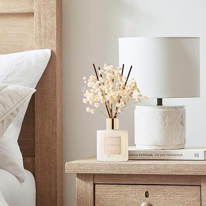 COCORRÍNA Reed Diffuser - Jasmine & Mint 6.7 Fl.oz Reed Diffuser Set with Sticks & Preserved Baby's Breath, Reed Diffuser for Home Bathroom Shelf Decor - Bloomnest