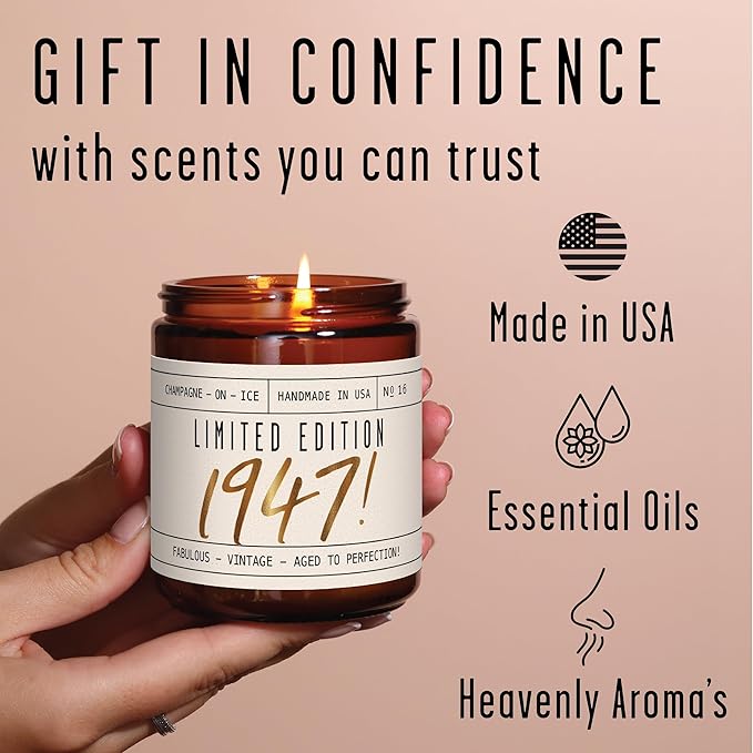 78th Birthday Gifts for Women - 'Limited Edition 1947' Soy Candle, w/Champagne on Ice I 78 Birthday Gifts for Women I 78th Birthday Gift for Her Ideas I 9oz Reusable Jar, 50Hr Burn, Made in USA - Bloomnest