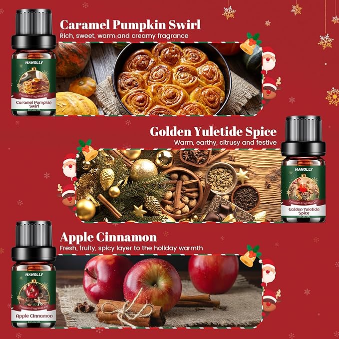 Christmas Fragrance Oil Set, 6 Premium Holiday Essential Oils for Diffuser, Candle Making - Caramel Pumpkin Swirl, Apple Cinnamon, Merry Berry Christmas, Christmas Fireplace Scented Oil Gift Set - Bloomnest