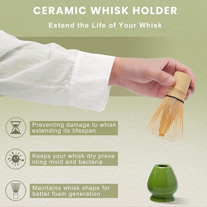 Matcha Whisk Set, Cactus Light Green Ceramic Matcha Set Includes Matcha Bowl, Matcha Whisk (Chasen) and Holder, Sifter, Bamboo Scoop & Spoon - 6 Pcs Matcha Kit for Matcha Lovers - Bloomnest